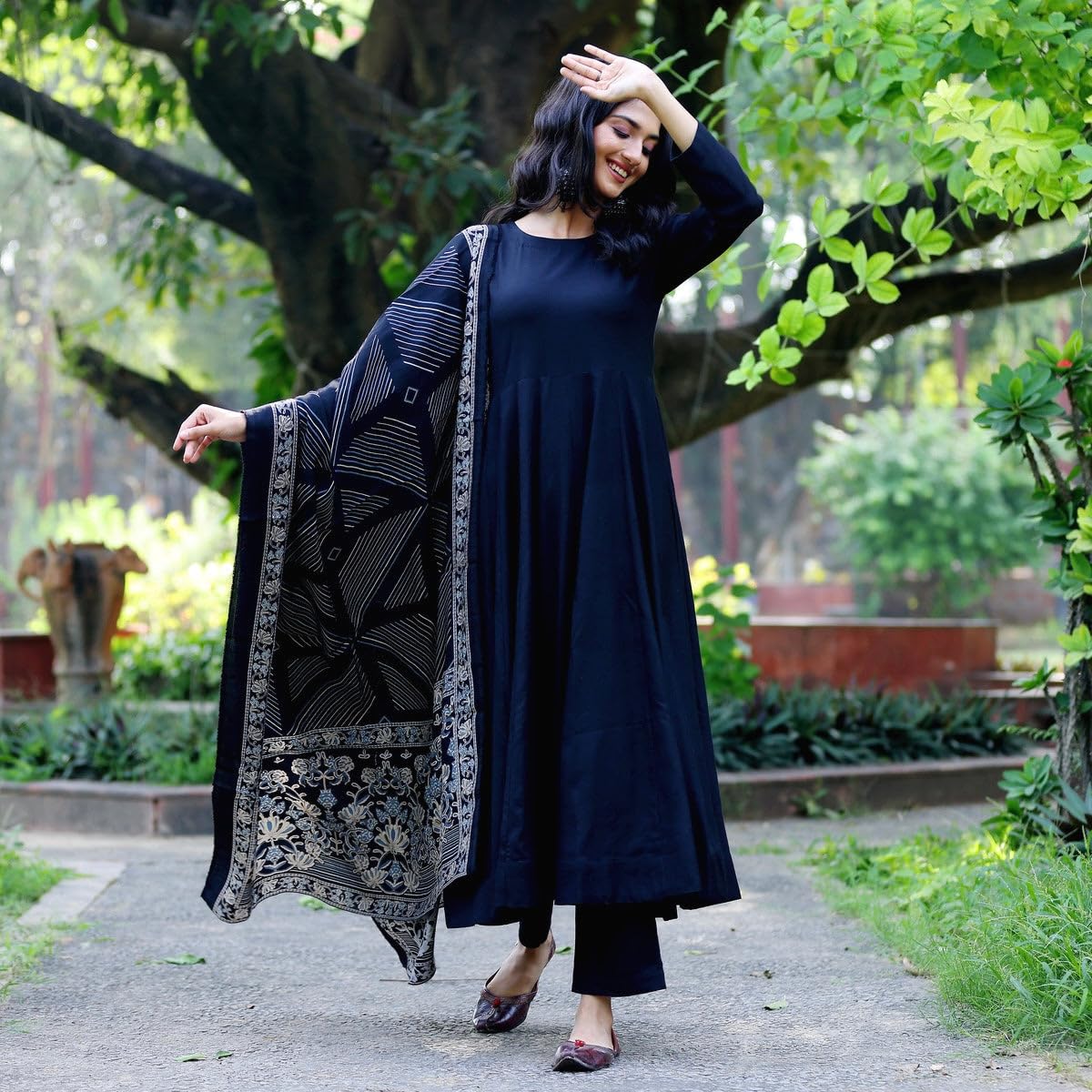 Anni Designer Women'S Rayon Blend Solid Anarkali Kurta With Pant & Dupatta (Friday Blue_L_Blue_Large),Blue,L,Rayon Blend,Anarkali,