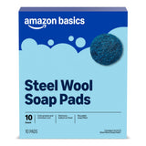 Amazon Basics Steel Wool Soap Pads, Reusable, Cuts Grease and Removes Rust, 10 Count, Pack of 1