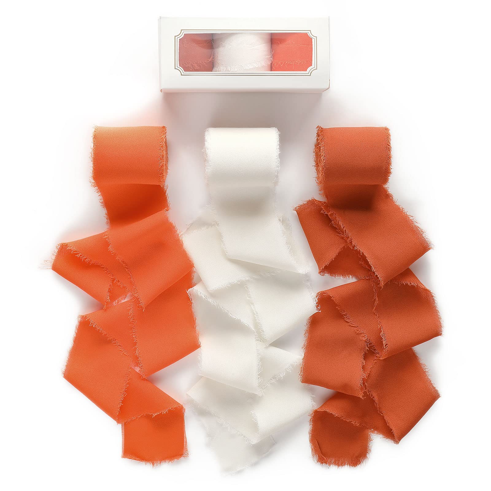 Pretty Jolly Orange and White Chiffon Ribbon for Gift Wrapping 3 Rolls 2 Inch x 7Yd Silk Ribbons Handmade Fringe Fabric Ribbon f