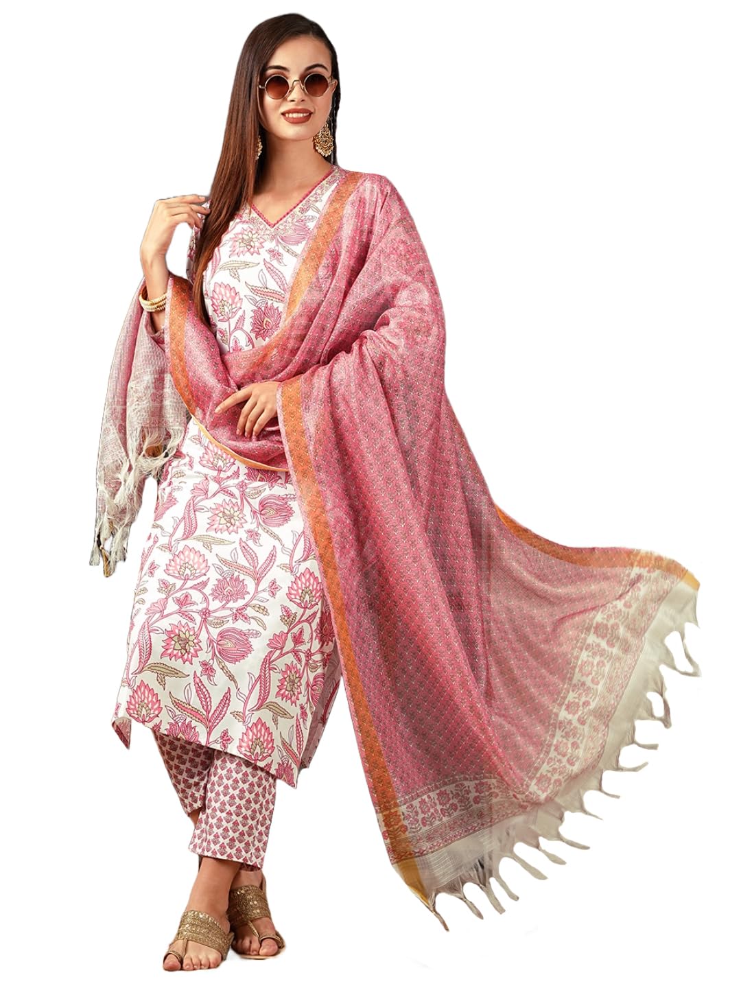 Anni Designer Women'S Cotton Blend Straight Printed Kurta With Pant & Dupatta (Gojari Peach_Xxl_Peach_Xx-Large),Peach,2XL,,,
