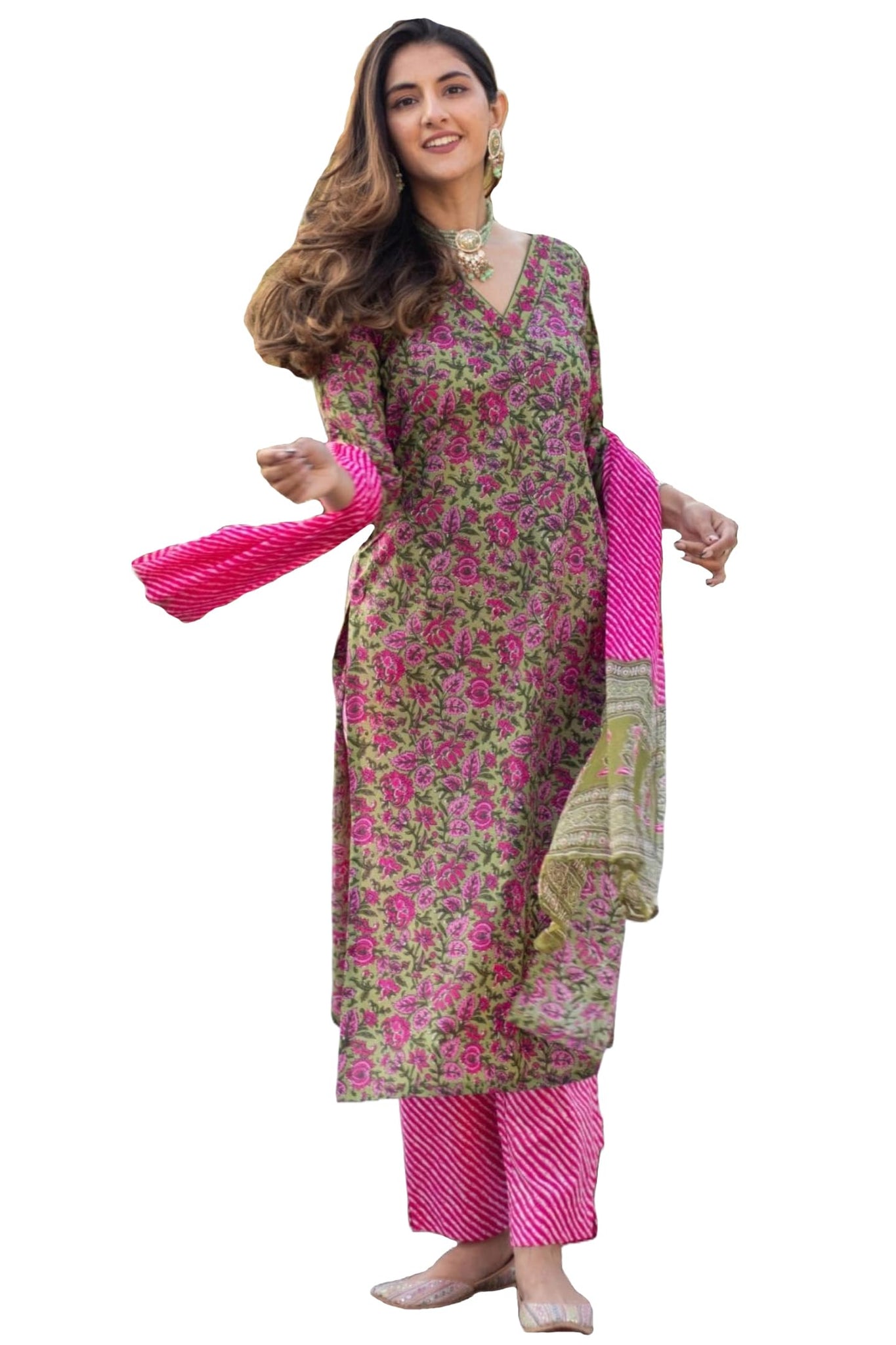Anni Designer Women'S Cotton Blend Straight Printed Kurta With Pant & Dupatta (Deepal Pink_Xxl_Pink_Xx-Large),Pink,2XL