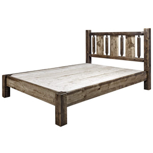 Montana Woodworks Woodworks Homestead Collection Twin Platform Bed, Stain And Clear Lacquer Finish With Laser Engraved Wolf Desi