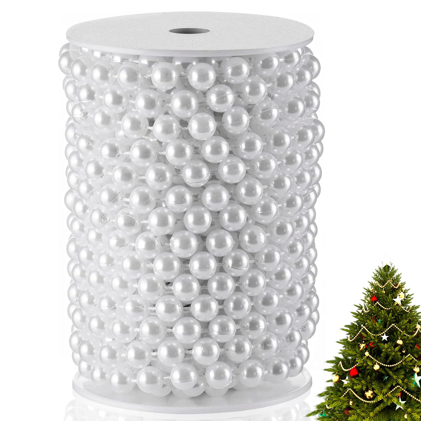XINHUIDALSQ Craft String of Pearls 10 MM Faux Pearl Beaded, 33 Feet White Garland Bead String for Christmas Tree Decorations, We