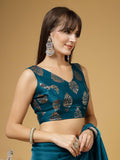 Oomph! Women'S Indian Ethnic Wear Designer Big Paisley Pattern Zari Work V Neck Sleeveless Teal Blue Color Brocade Readymade Blouse For Saree Or Lehnga And Fusion Twist. S