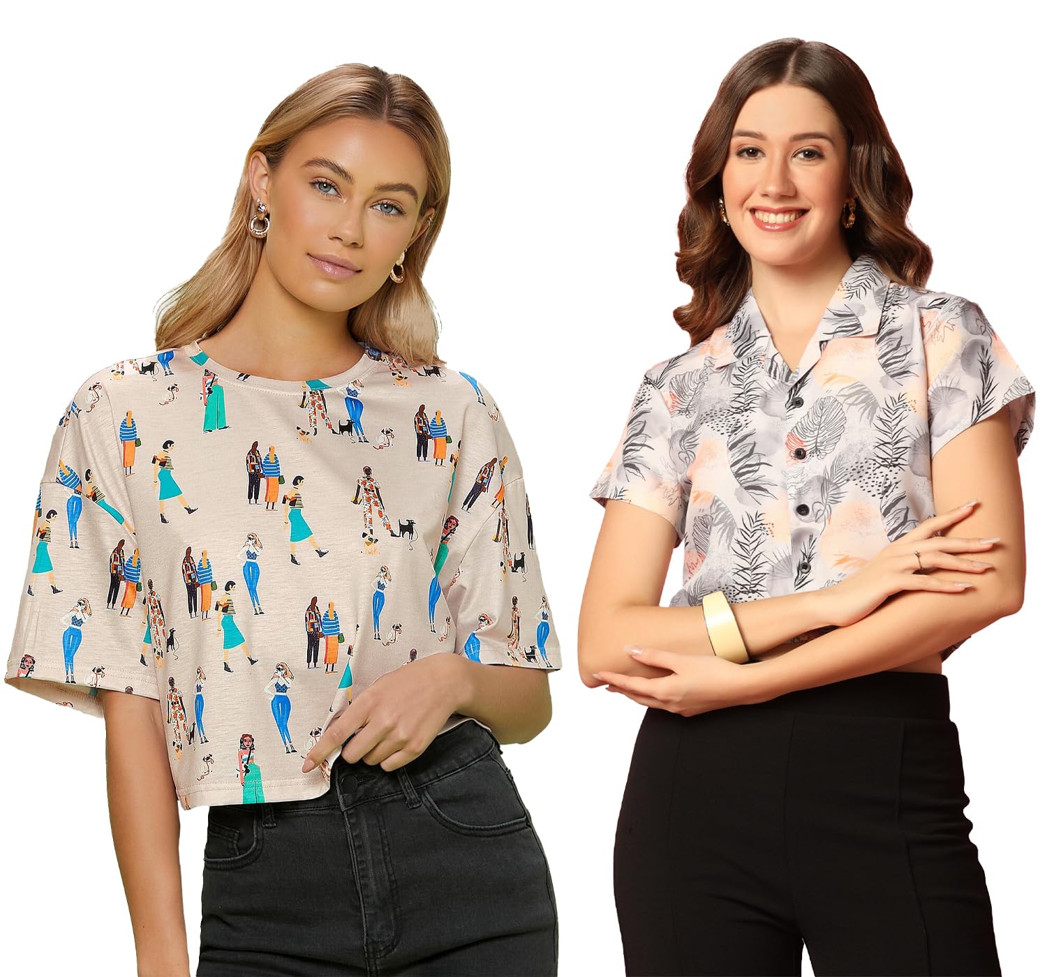 Toplot Women'S Casual Printed Crop Top With Short Sleeve Pack Of 2 (Combo-5135-Tre-Cku-M),Tree-Chiku,,B0CCXY9YWV