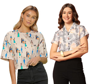 Toplot Women'S Casual Printed Crop Top With Short Sleeve Pack Of 2 (Combo-5135-Tre-Cku-M),Tree-Chiku,,B0CCXY9YWV