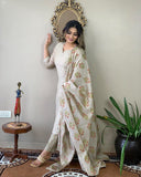 Anni Designer Women'S Cotton Blend Embroidered Straight Kurta With Pant & Dupatta (Mysuru-Cream-Nw_4Xl_Cream_Xxxx-Large),Cream,4XL,Cotton Blend,Regular,Dupatta