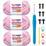 3 Pack Rainbow Beginners Crochet Yarn Pink Purple Cotton Crochet Yarn for Crocheting Knitting Beginners with Easy-to-See Stitche