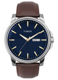 Timex Mens Premium Dress 45mm Watch - Brown Strap Blue Dial Stainless Steel Case