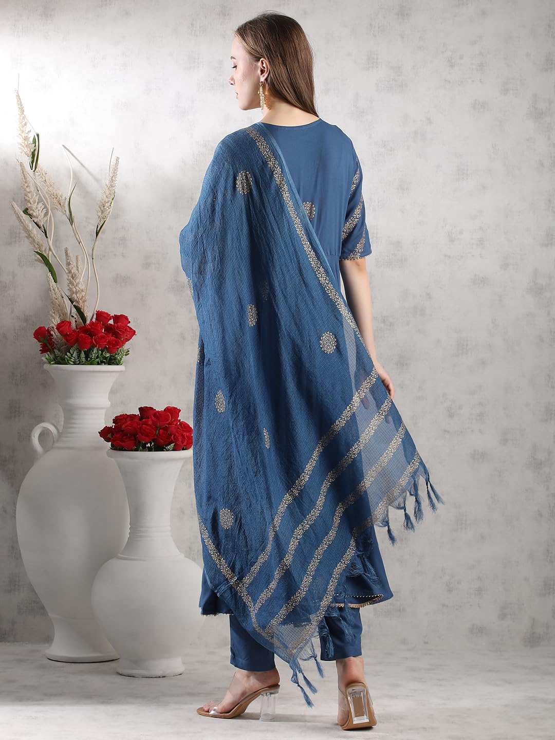 Gosriki Women'S Rayon Blend Anarkali Printed Kurta With Pant & Dupatta (Berlin Kerosin-Vks05-Gs_M_Dark Blue_Medium),Dark Blue,,B0DJWHHSRC