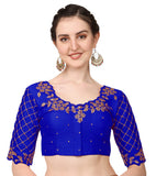 Vihu Fashion Womens Embroidery Handmade Raw Cut Work Stone Work Ready Blouse, royal, 12