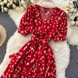 Gufrina Dresses For Women Half Sleeve || Floral Print || V-Neck And Puff Sleeves || Front Open Button & Tie-Up || Midi Dress (Red Xl)