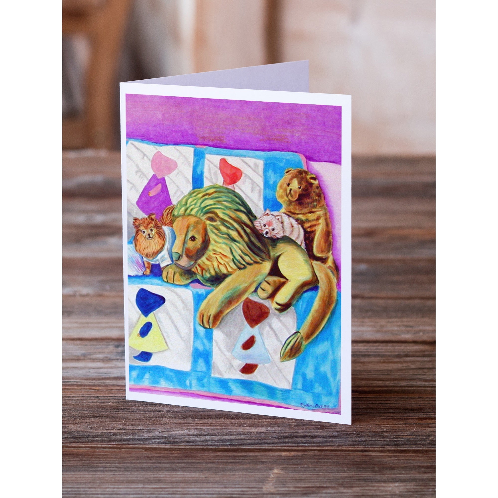 Pomeranian On The Couch With Toy Tiger Greeting Cards And Envelopes Pack Of 8