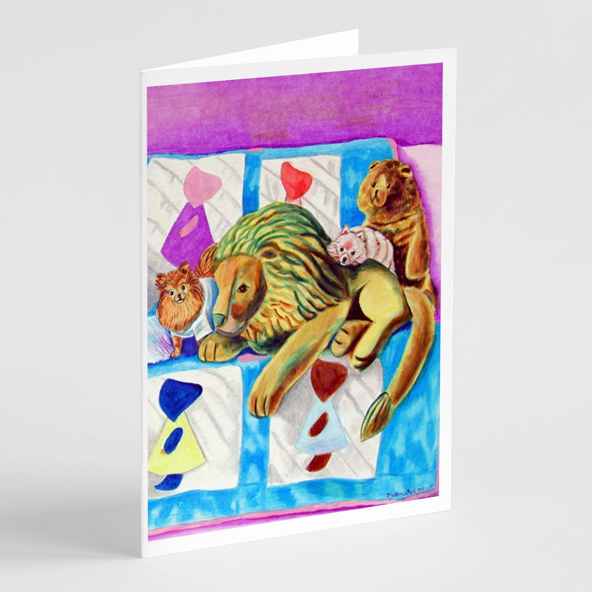 Pomeranian On The Couch With Toy Tiger Greeting Cards And Envelopes Pack Of 8