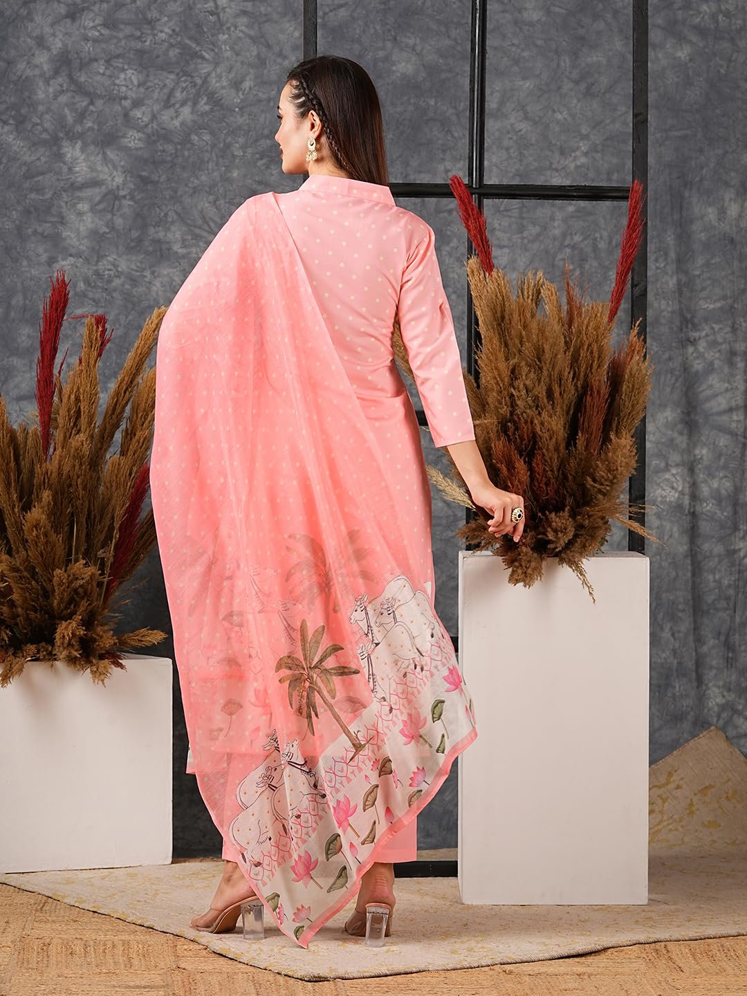 Gosriki Women'S Cotton Blend Straight Printed Kurta With Pant & Dupatta (Gosala Pink-Gs_Xl_Pink_X-Large),Pink,,B0D579XKZJ