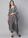 Anni Designer Women'S Cotton Blend Straight Printed Kurta With Pant & Dupatta (Nihira Cream-7Nw_S_Black_Small),Black,S,Cotton Blend,Regular,