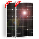 DOKIO 100W 18V Solar Panel 2-Pack for 12V Battery Charging, Monocrystalline Glass Modules with Aluminum Frame, MC4, Pre-Drilled 