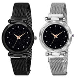 Acnos Premium Black And Silver Color 12 Point With Trending Magnetic Analogue Metal Strap Watches For Girl'S And Women'S Pack Of