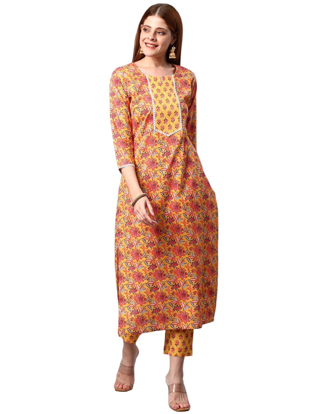 Anni Designer Women'S Cotton Blend Printed Straight Kurta With Pant (Sarva-Grey & Yellow_S_Dark Blue_Small),Grey & Yellow,S