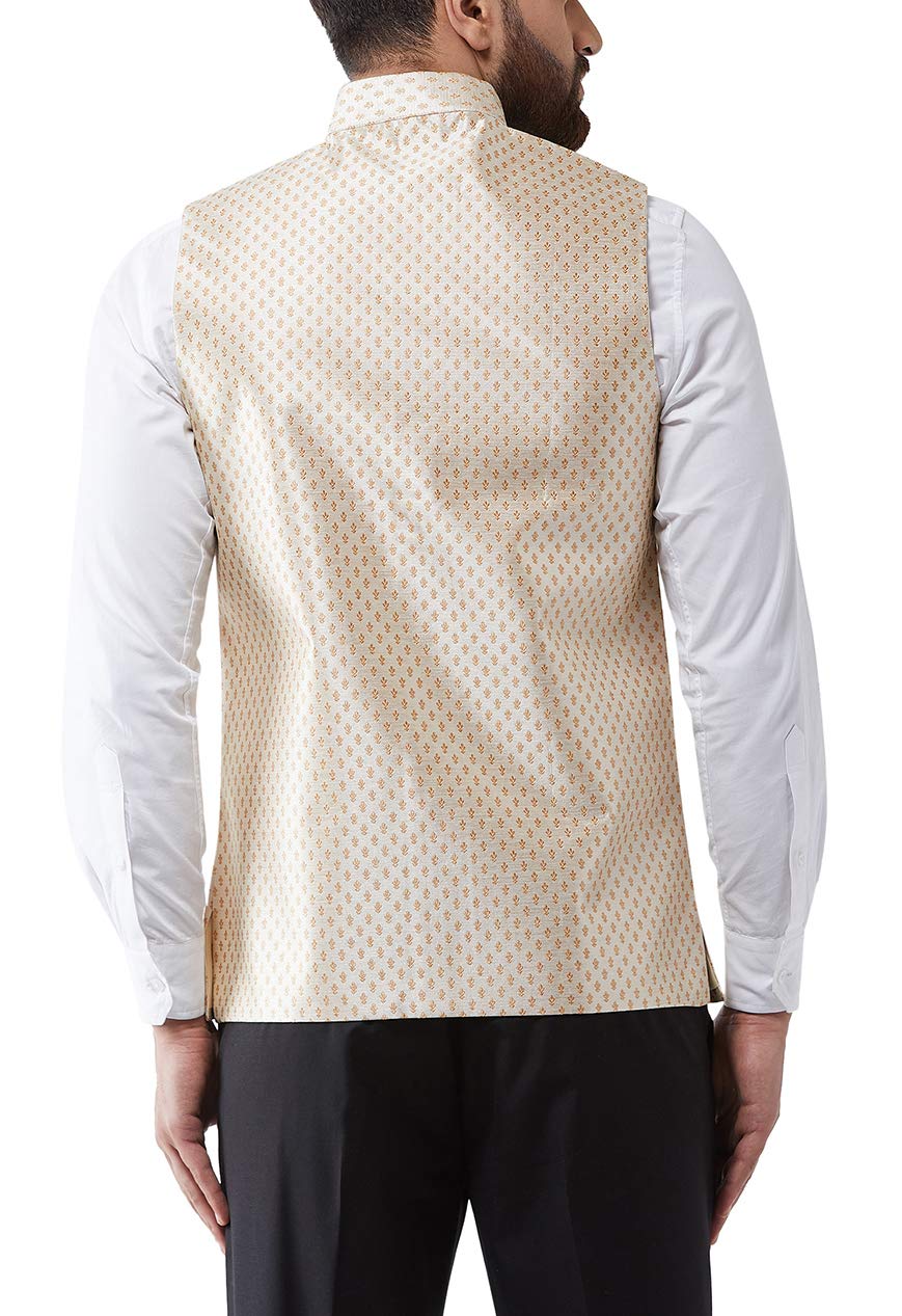 Sojanya (Since 1958, Mens Silk Blend, Beige & Gold Embroidered Nehru Jacket, Size: 38