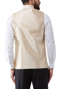 Sojanya (Since 1958, Mens Silk Blend, Beige & Gold Embroidered Nehru Jacket, Size: 38
