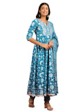 Libas Blue Printed Cotton Anarkali Kurta With Churidar & Dupatta