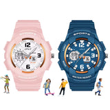 Spiky Analog Digital Watch For Kids Combo (Pink & Blue) | Multifunctional, Dual Time & 7 Multicolor Led Luminous Display | Water