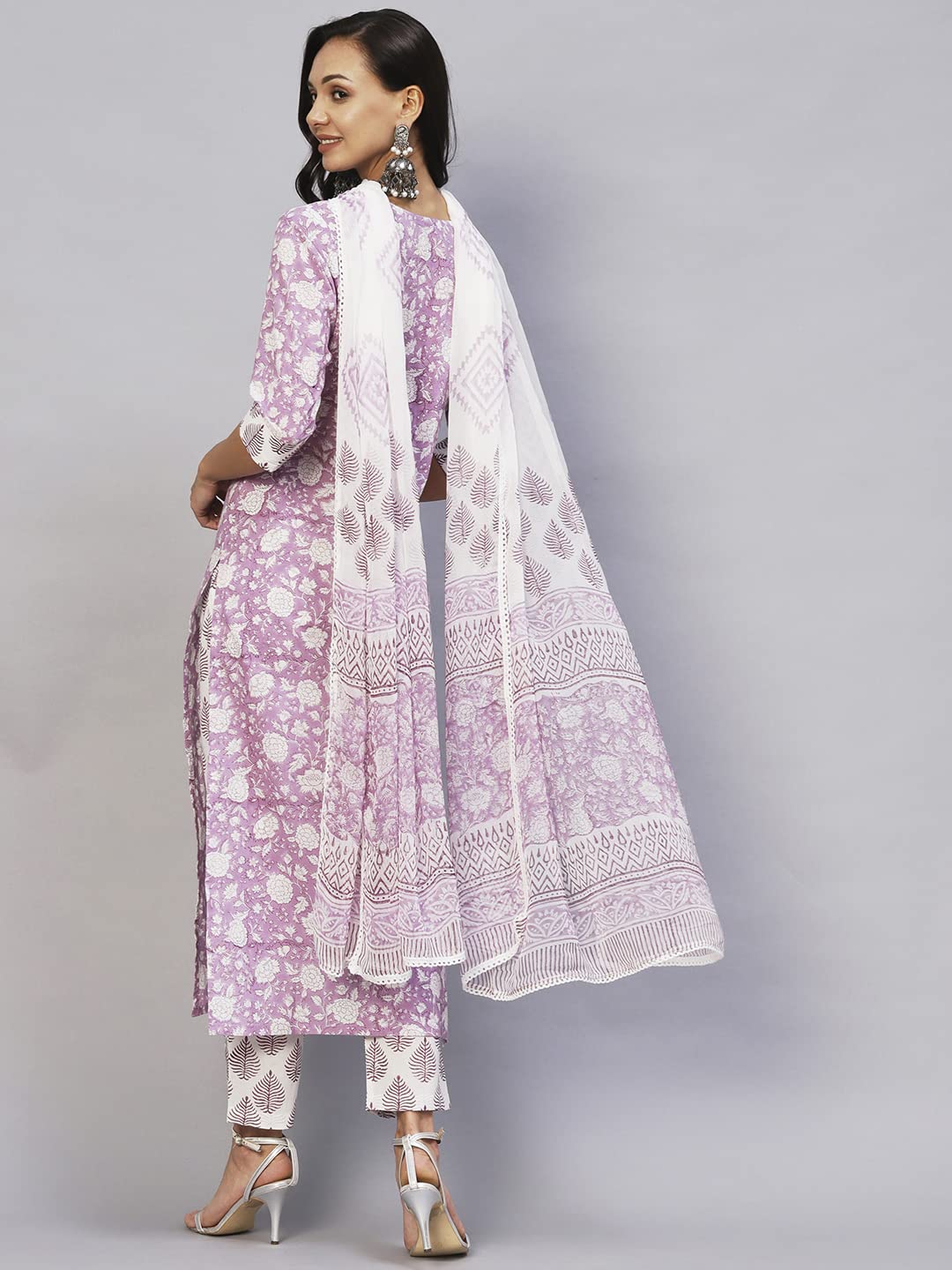 Anni Designer Women'S Cotton Blend Straight Printed Kurta With Pant & Dupatta (Ratnapriya Purple-Cmd_L_Purple_Large),Purple,L,Cotton Blend,Regular,