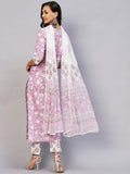 Anni Designer Women'S Cotton Blend Straight Printed Kurta With Pant & Dupatta (Ratnapriya Purple-Cmd_L_Purple_Large),Purple,L,Cotton Blend,Regular,