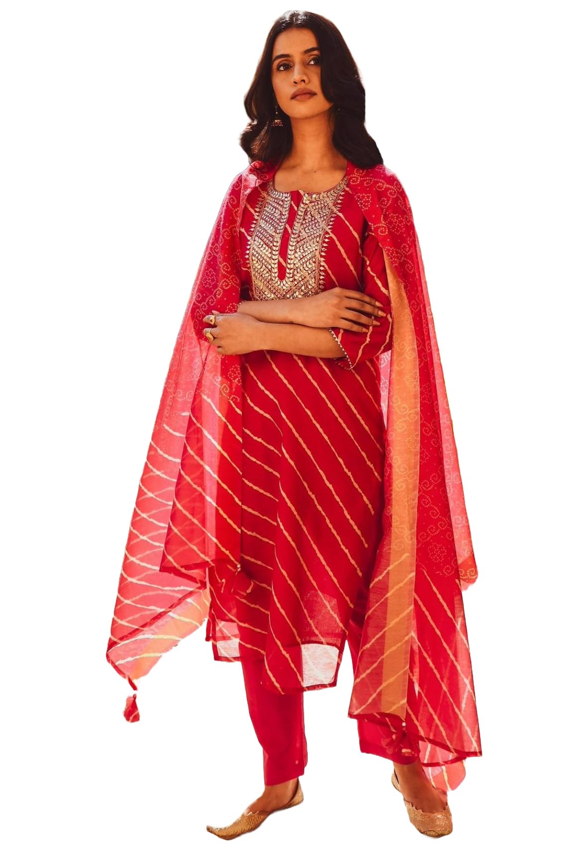Gosriki Women'S Cotton Blend Straight Printed Kurta With Pant & Dupatta (Doremi-Pink-Nw-Gs_Xl_Pink_X-Large),Pink,,B0CJJZM2F7