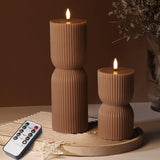 Girimax Warm Brown Ribbed Flameless Pillar Candles with Remote, Real Wax Flickering Battery LED Candles Christmas Decor Gift Set