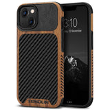 TENDLIN Compatible with iPhone 13 Case Wood Grain with Carbon Fiber Texture Design Leather Hybrid Case Compatible for iPhone 13 