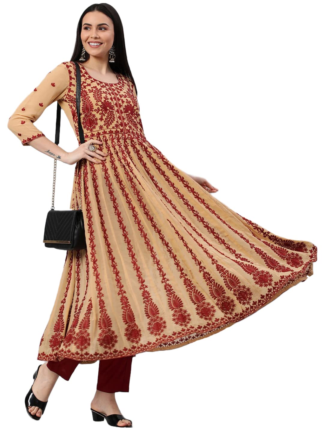Gosriki Women'S Georgette Chikankari Embroidered Anarkali Kurti (Kari Beige-Gs_S_Beige_Small),Beige,,B0C5RVZG3Z