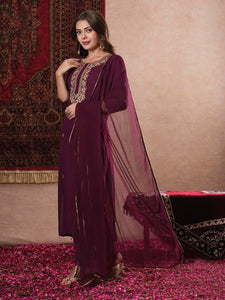 Gosriki Women'S Cotton Blend Straight Embroidered Kurta With Pant & Dupatta (Kesu Wine-Gs_M_Wine_Medium),Wine,,B0DM1VFPPL