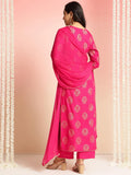 Anni Designer Women'S Rayon Blend Printed Straight Kurta With Pant & Dupatta (Jubal Pink_Xxl_Pink_Xx-Large),Pink,2XL,Rayon,Casual,