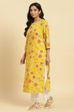 W Yellow Floral Printed Straight Long Cotton Kurta For Women