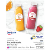Avery Durable Waterproof Round Labels with Sure Feed Technology, 2.5 Diameter, White, Laser or Pigment-Inkjet Printer, 72 Custom