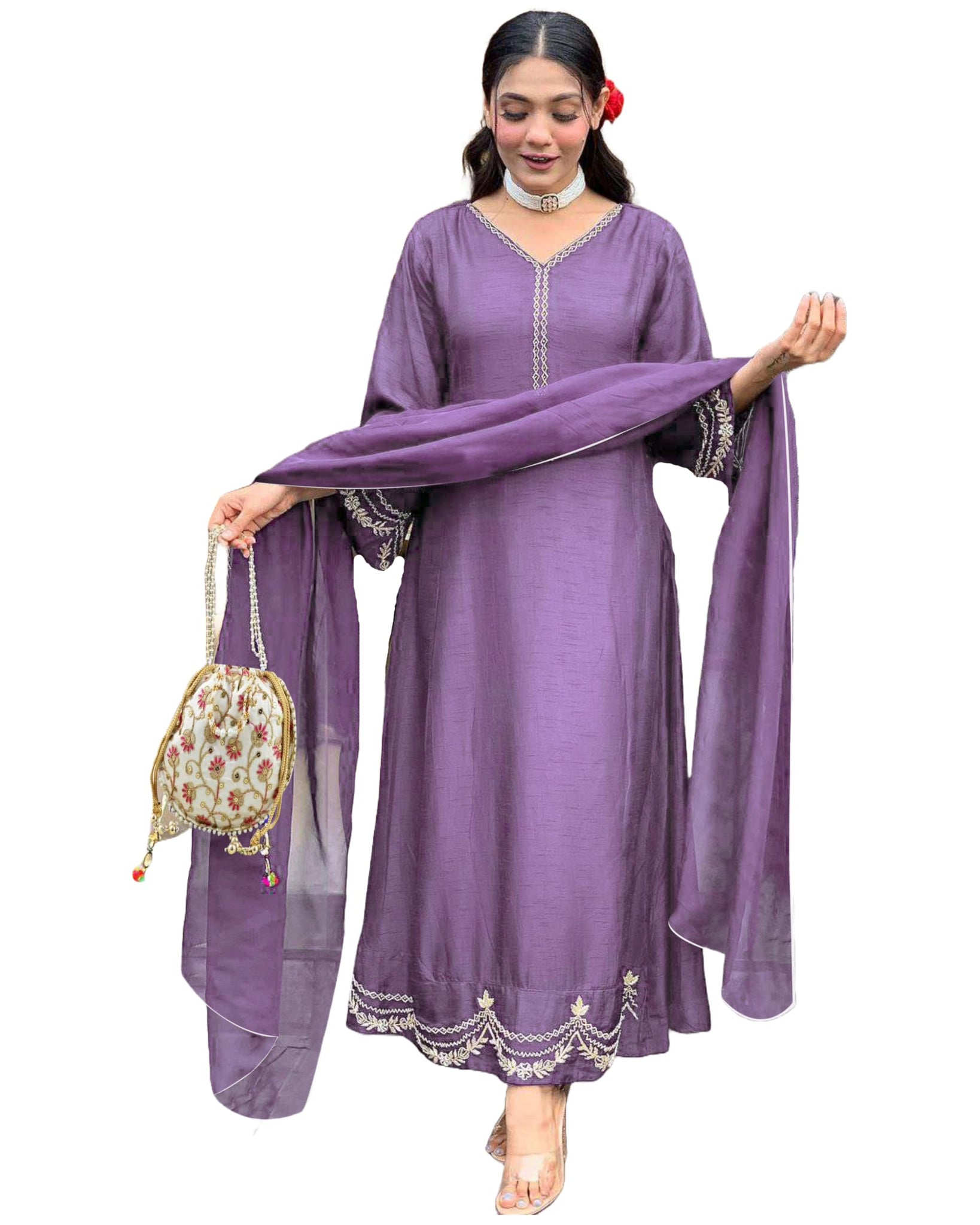 Anni Designer Women'S Rayon Viscose Anarkali Embroidered Kurta With Pant & Dupatta (Ranibai Purple_Xl_Purple_X-Large),Purple,XL