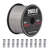 26ELE Picture Hanging Wire - 50lb Heavy Duty Stainless Steel Wire Rope for Hanging Picture Frame, Mirror & Wall Art - 100Feet wi