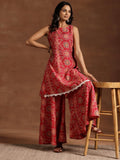 Libas Womens Printed Silk Blend Straight Kurta With Palazzos Pink L 36812