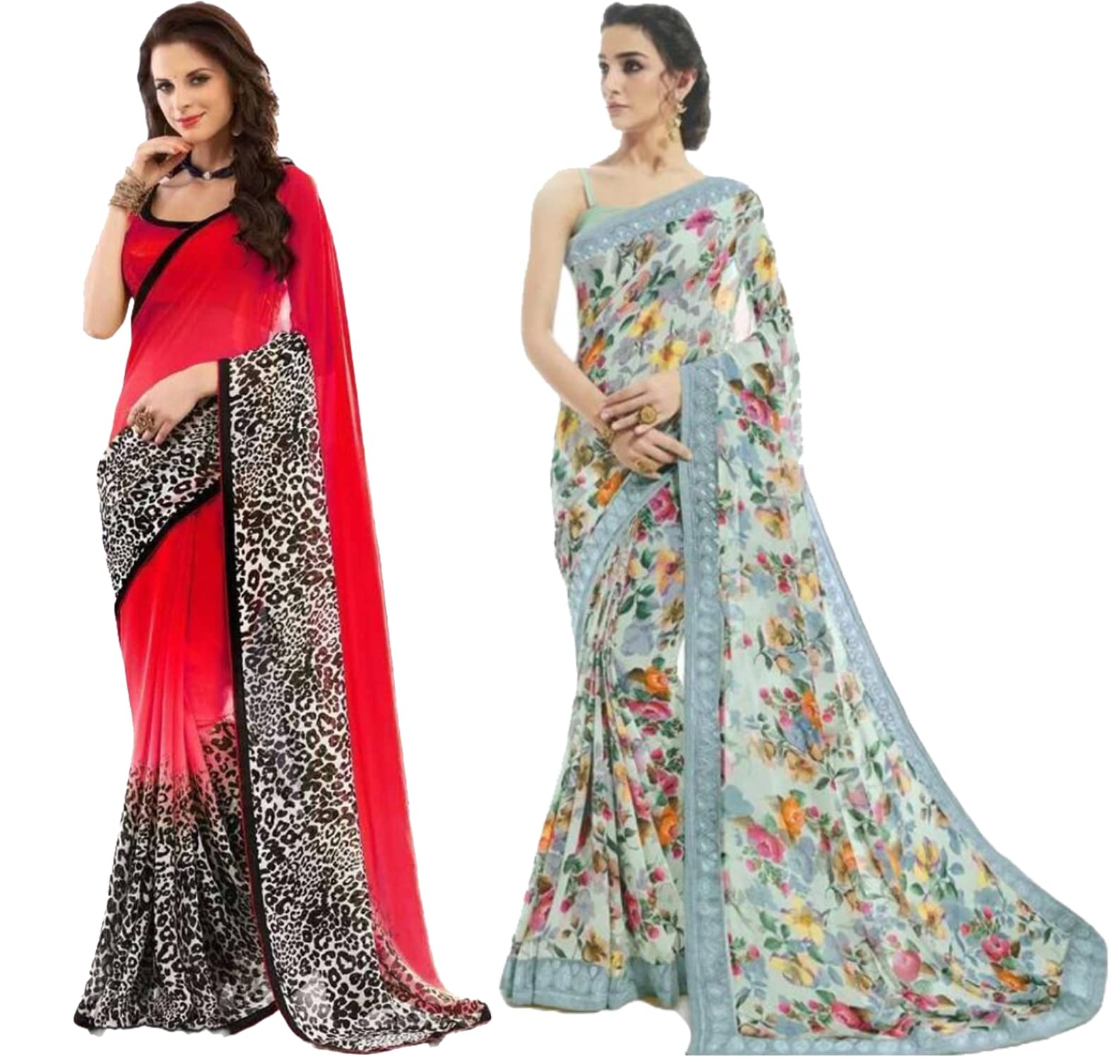 Gosriki Women'S Multicolor Georgette Printed Saree With Blouse Piece (Pack Of 2) (Cheme-Combo-036_Free Size),Multicolour,,B0BB2PPSBT