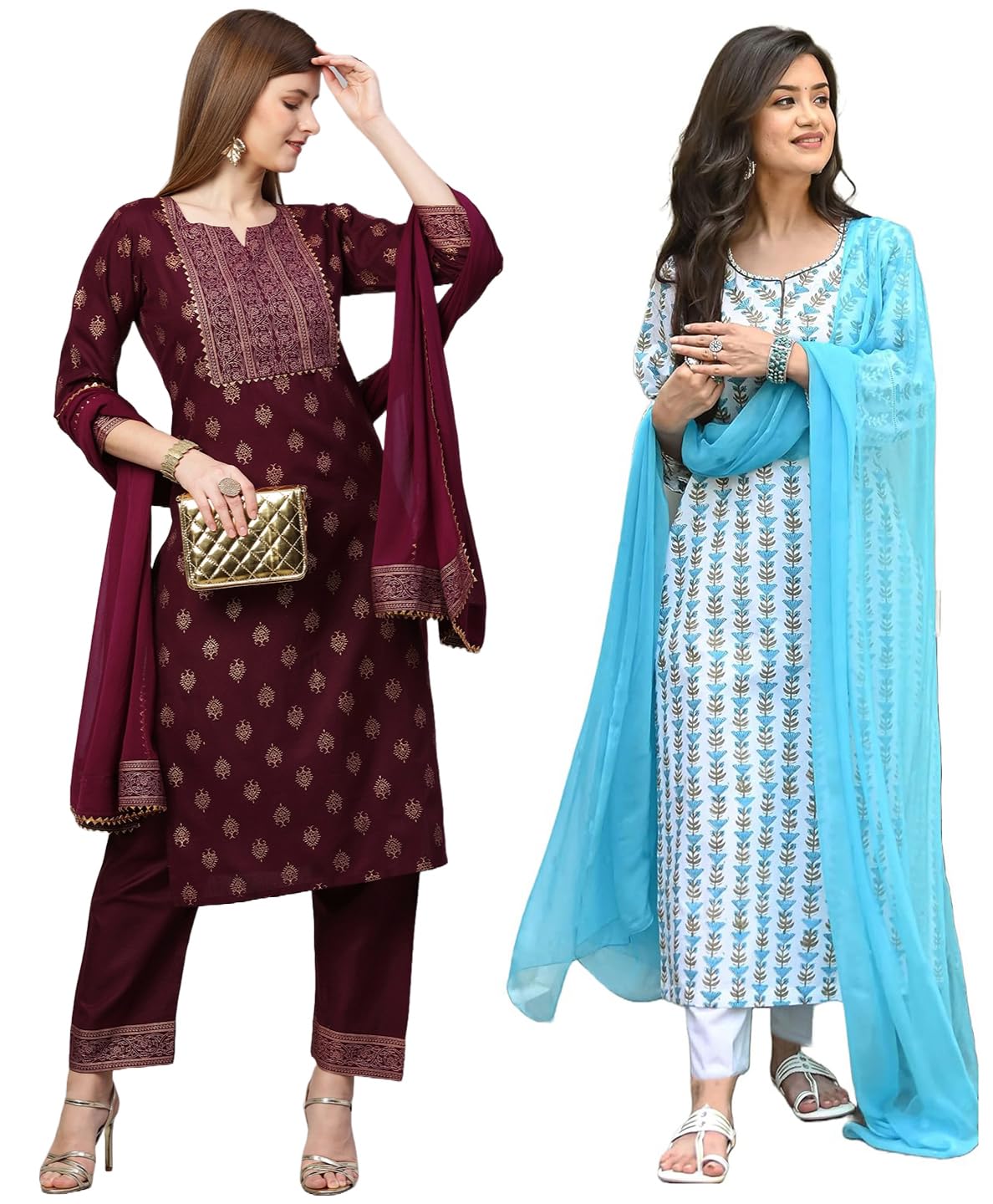 Anni Designer Women'S Cotton Blend Printed Straight Kurta With Pant & Dupatta Pack Of 2 (Combo-Coco-Wine-April-Sky Blue_M_Multi_Medium),Multicolour,M