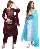 Anni Designer Women'S Cotton Blend Printed Straight Kurta With Pant & Dupatta Pack Of 2 (Combo-Coco-Wine-April-Sky Blue_M_Multi_Medium),Multicolour,M