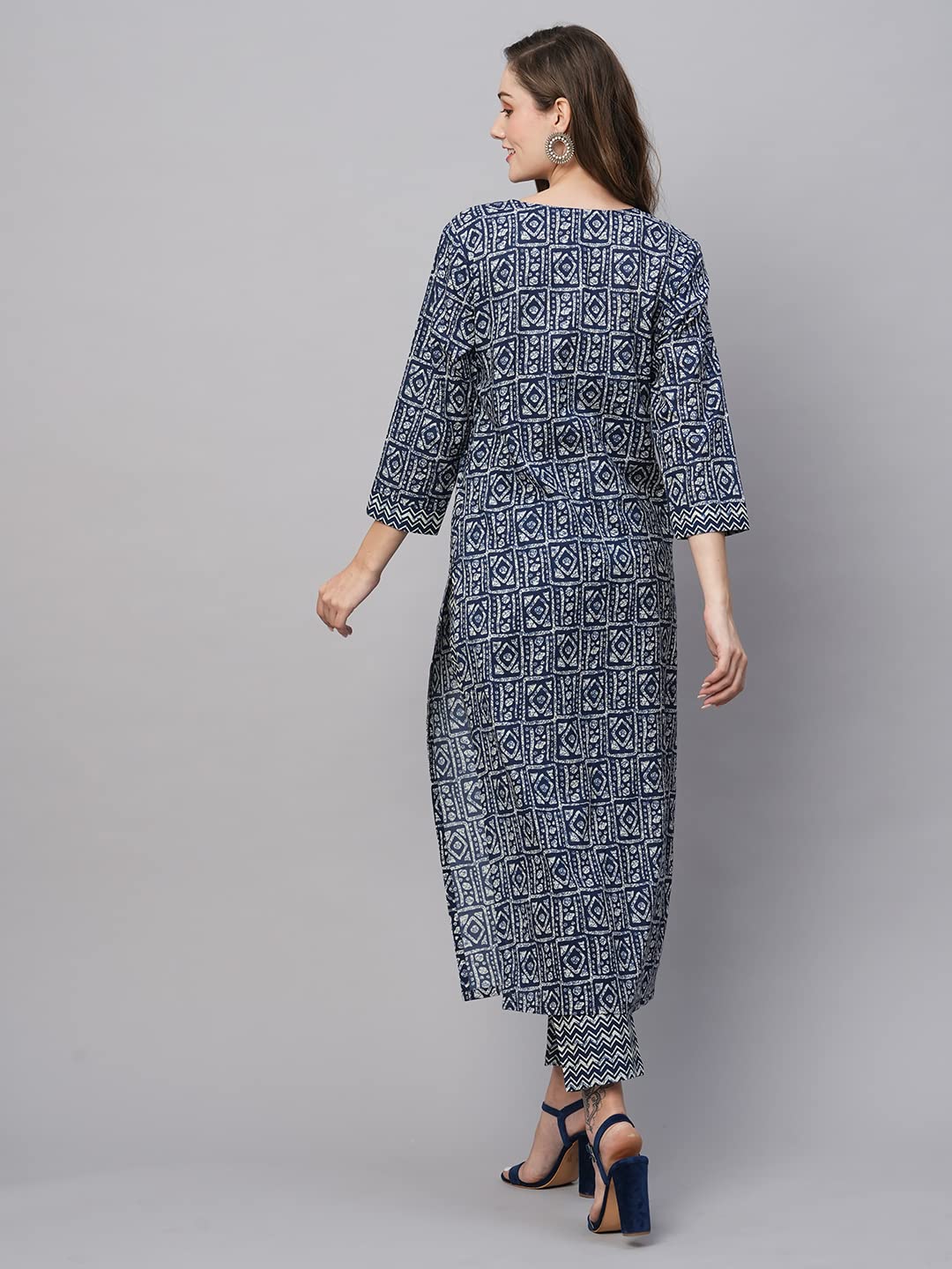 Anni Designer Women'S Cotton Blend Straight Printed Kurta With Pant (Yami Blue_M_Blue_Medium),Blue,M,Cotton Blend,Regular,Kurta