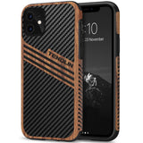 TENDLIN Compatible with iPhone 11 Case Wood Grain with Carbon Fiber Texture Design Leather Hybrid Slim Case (Three Stripe)