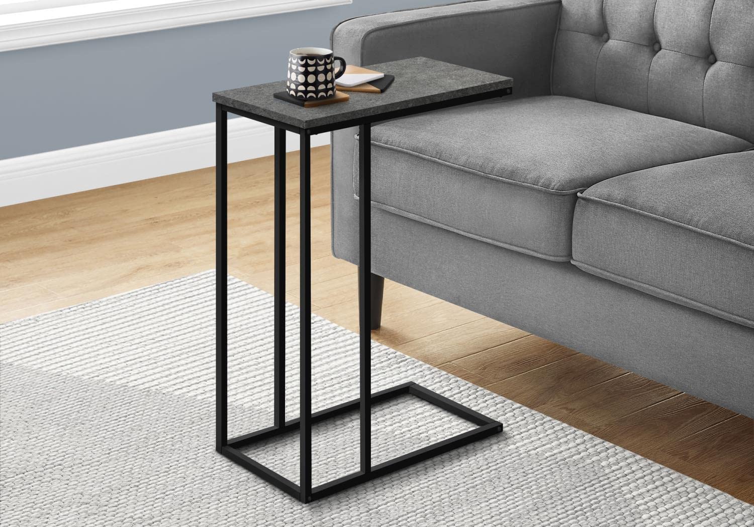 Monarch Specialties 3765 Accent Table, C-Shaped, End, Side, Snack, Living Room, Bedroom, Metal, Laminate, Black, Contemporary, Modern Table-25 H/Grey Stone-Look, 15.75' L X 9.45' W X 24' H