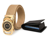 Tpm MenS Black HeavyDuty Canvas Belt With Medallion Buckle & Brown Wallet