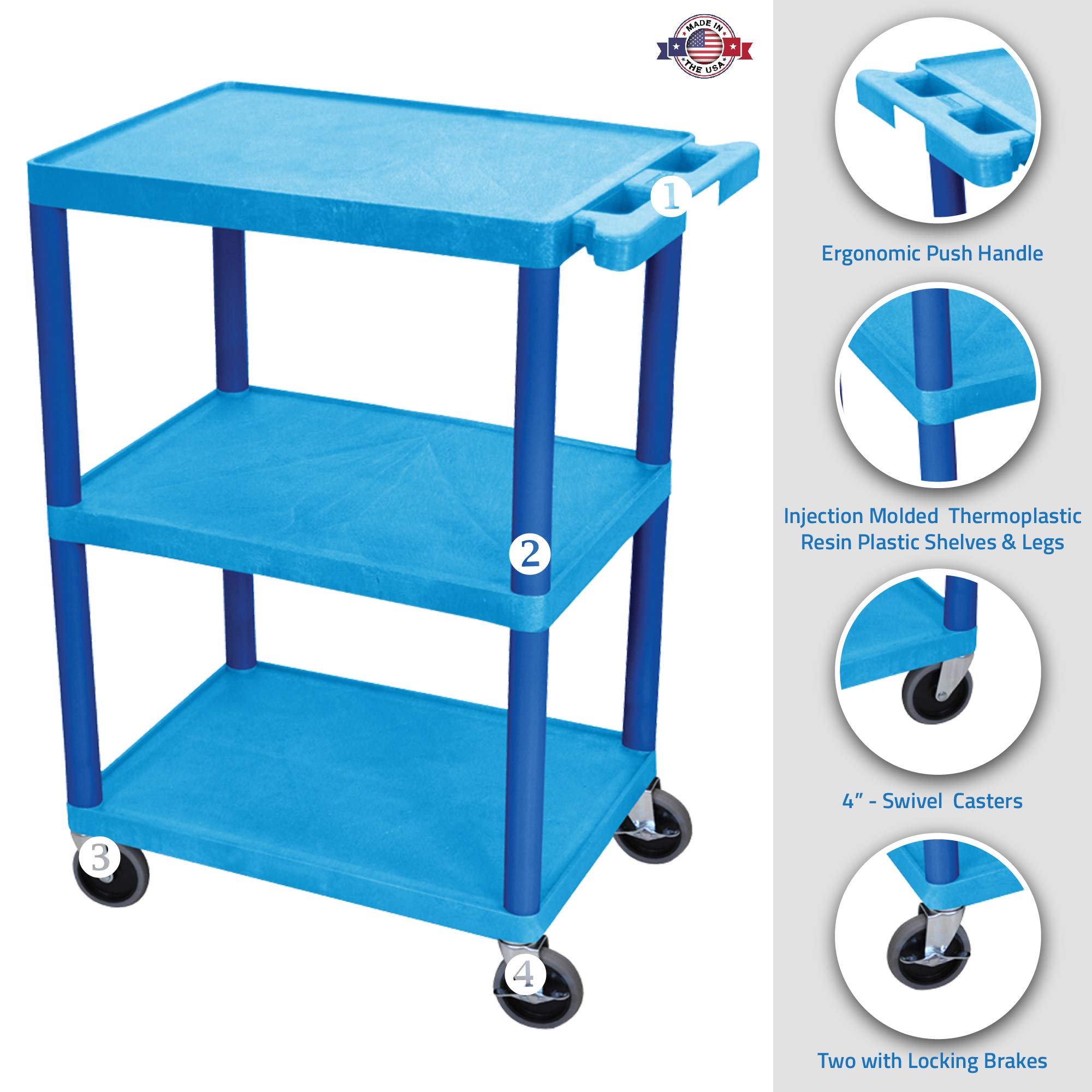 Luxor He34-Bu Shelf Utility Cart, 3 Shelves, 32.5'', Blue