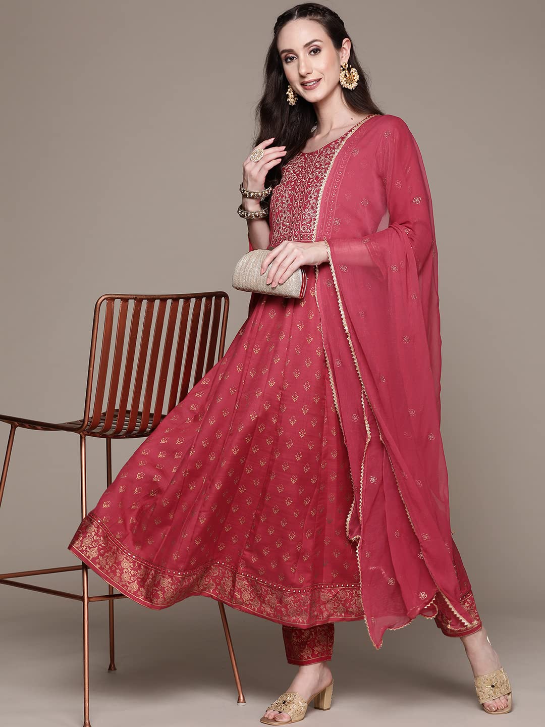 Anubhutee Women'S Rayon Embroidered Mirror Work Anarkali Kurta Suit Set With Dupatta & Pants Abwsd2352_Fs_M_Fuchsia