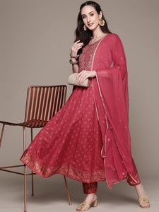 Anubhutee Women'S Rayon Embroidered Mirror Work Anarkali Kurta Suit Set With Dupatta & Pants Abwsd2352_Fs_M_Fuchsia